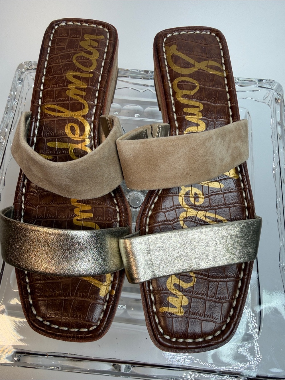Sam Edelman Taupe Suede and Metallic Gold Slide Sandals